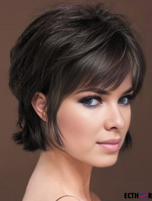 Natürlich gerade Echthaarperücke mit Pony Capless Short Length Black Farbe