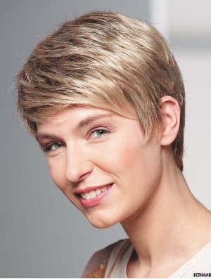 Echthaar Perücken Blond Voll Perücke Boycuts Cropped Length Wavy Style