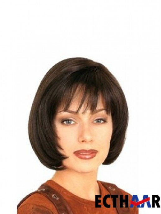 Mit Pony Durable Straight Brown Kinn Länge Echthaar Perücken