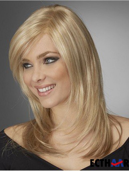 Beste bequeme synthetische Perücken mit Pony Monofilament Blonde Farbe Welliger Stil