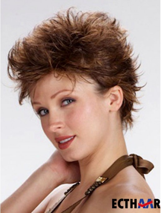 100% handgebundene abgeschnittene braune gewellte Boycuts Monofilament Perücke Sale