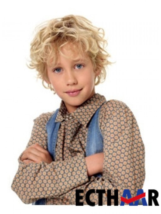 Wellige kurze blonde synthetische kappenlose Kinderperücken