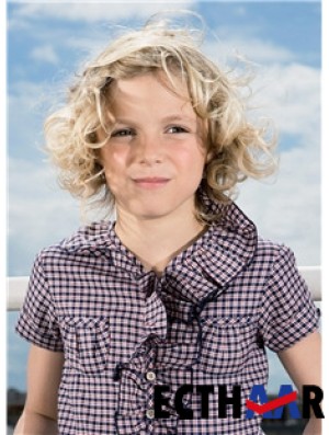 Curly Chin Length Blonde Synthetic 100% handgebundene Kinderperücken