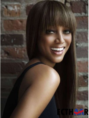 Brown Straight With Bangs Lace Front 24  inchGeeignete Tyra Banks Perücken
