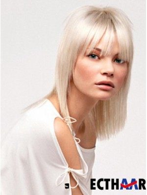 Spitze vorne mit Pony schulterlang gerade 14 Zoll platinblonde No-Fuss Fashion Perücken